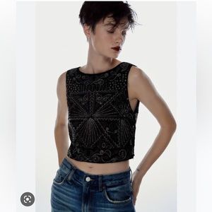 ZARA EMBROIDERED VELVET TOP - Black